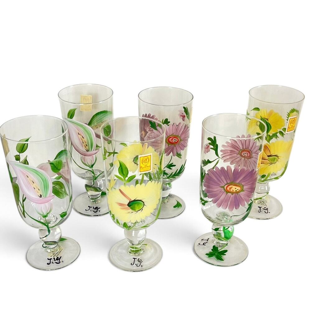 6 Vtg Royal Danube Crystal Hand Painted Floral Water Tea Goblets Glasses Signed